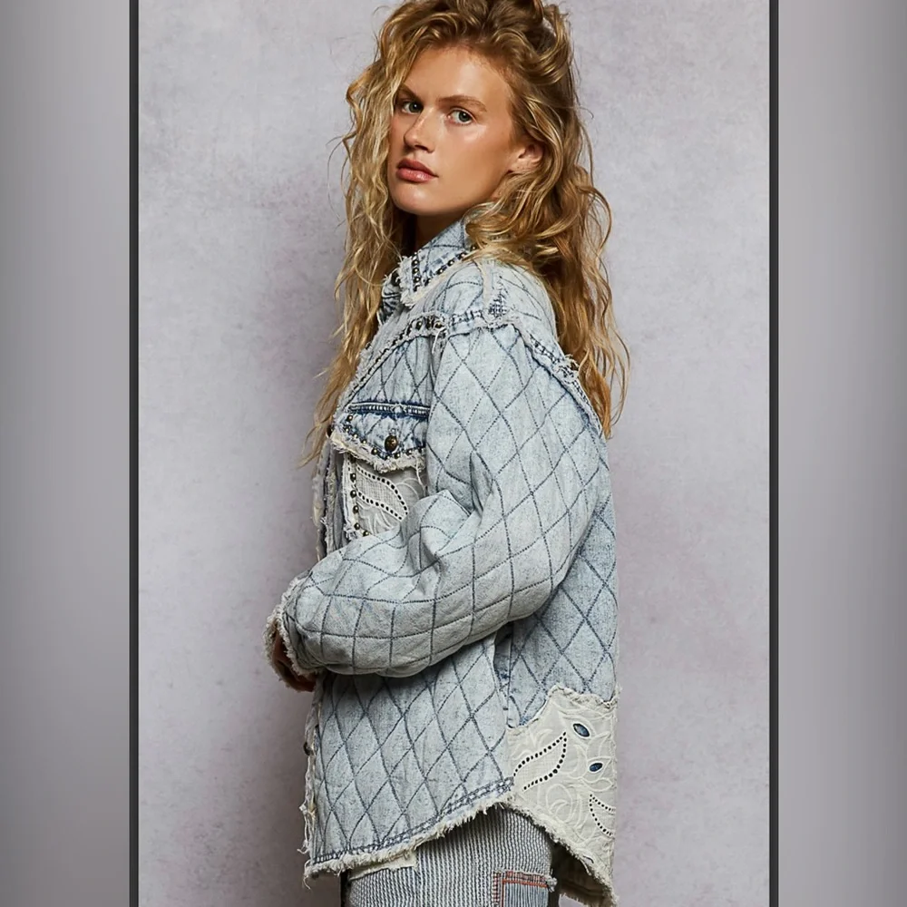 POL XSMALL Studded Quilted Denim Jacket - Picture 3 of 5